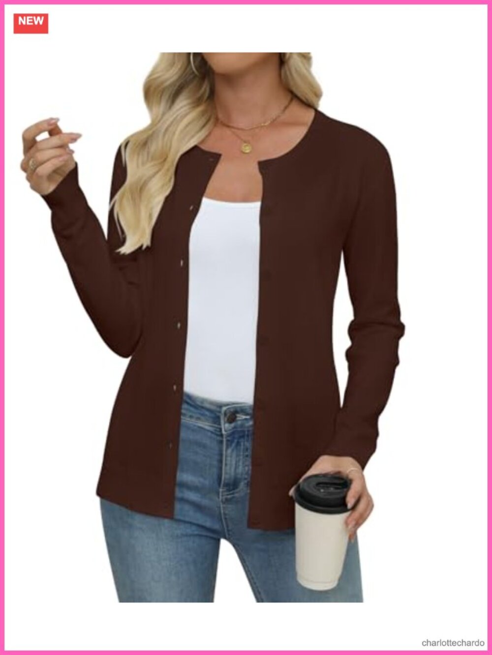 Womens Crew Neck Button Front Knit Cardigan Long Sleeve